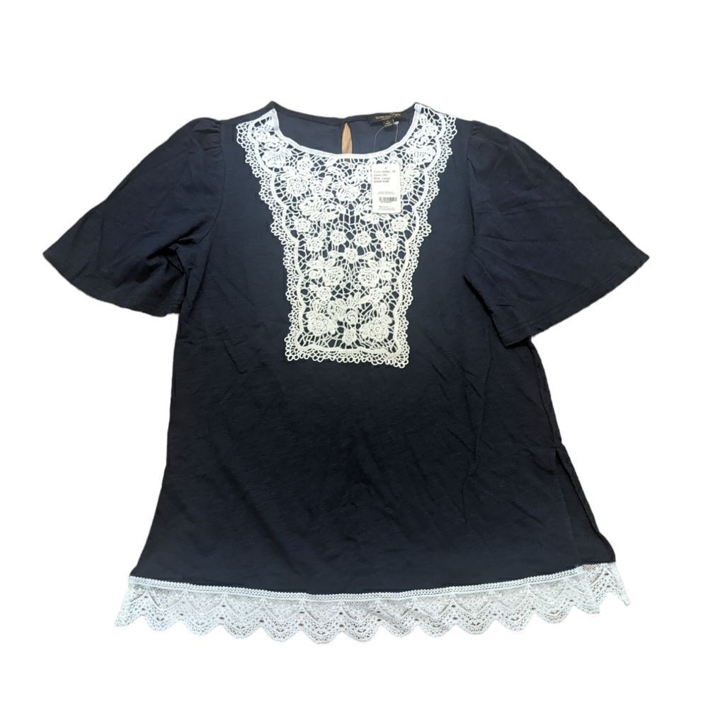 SUZANNE BETRO Women's Navy Blue and White Crochet Short Sleeve Tunic Size Large